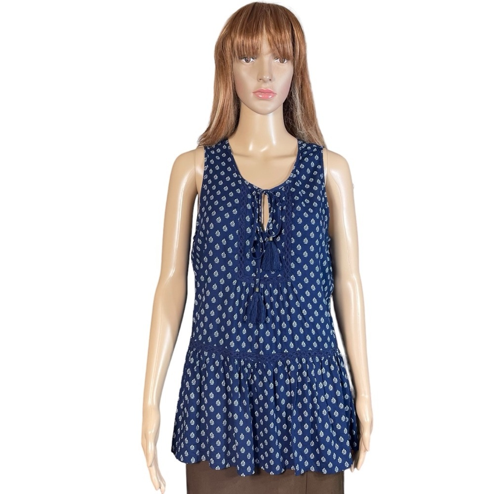 Luna Moon Blue Sleeveless Peplum Crochet Trim Rayon Blouse Size L